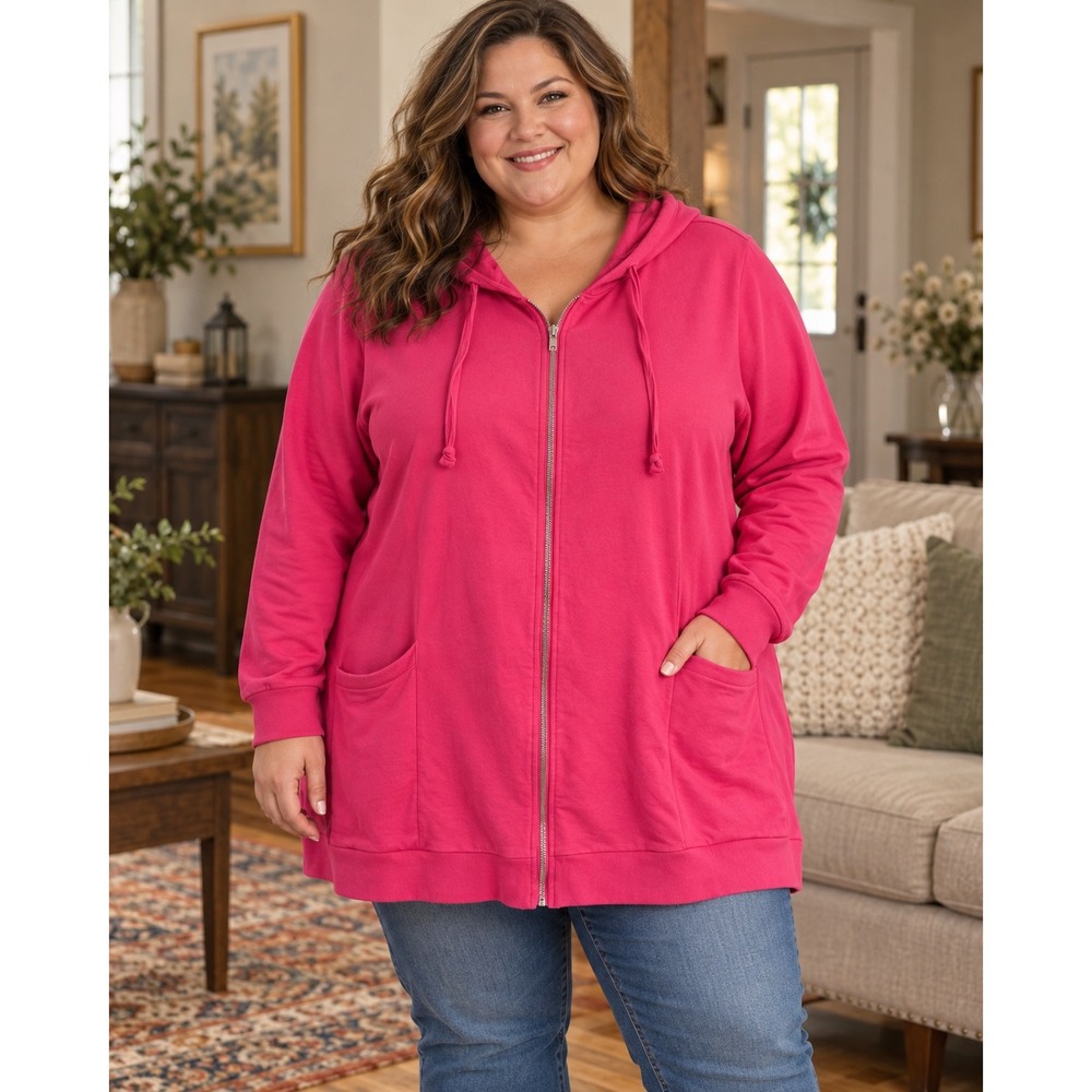 Woman Within 2X 26/28 Pink Longline Full Zip Hoodie Plus Size Tunic Sweatshirt